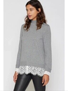 Joie gray partial wool blend mock neck lace trim sweater
